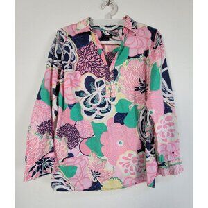 Talbots Woman Petites Size XP Long Sleeve Cotton Popover Tunic Top Pink Green